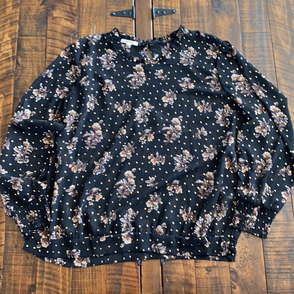 Maurices Sheer Floral Blouse XL Black Gold Long Sleeve Ruffle Neck Boho